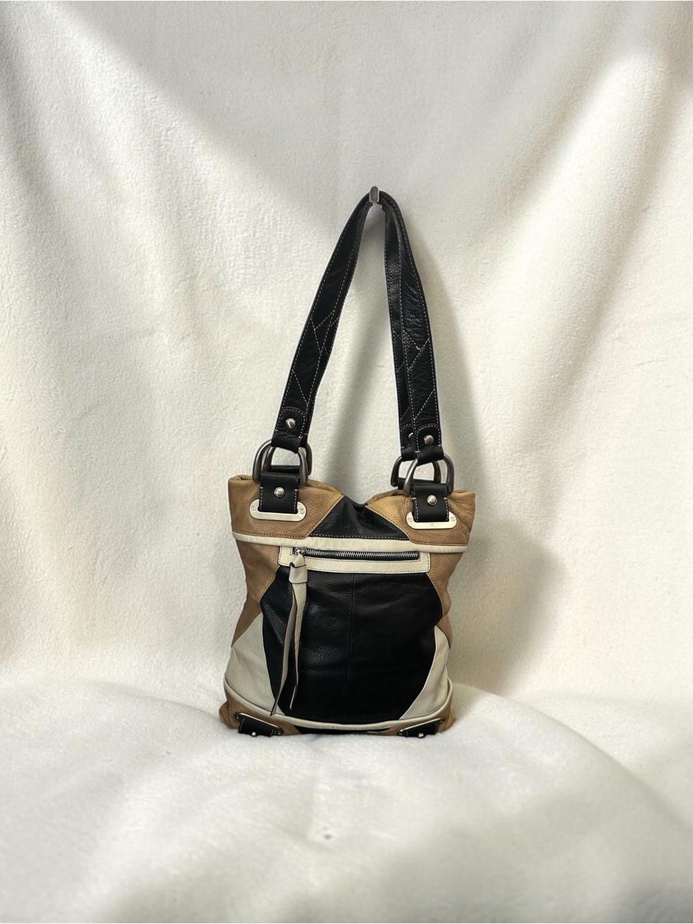 B. Makowsky Colorblock Patchwork Soft Leather Shoulder BagHobo Tricolor Y2K Boho - Picture 2 of 12